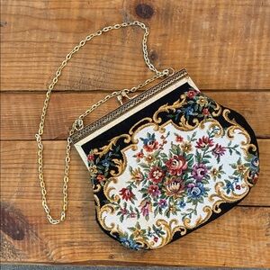 60s 70s Vintage Floral Tapestry Purse with Gold Adjustable Chain Boho Feminine